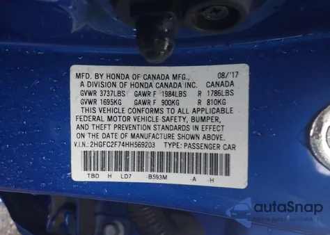 2017 Honda Civic Ex z USA, uszkodzony, nr VIN 2HGFC2F74HH569203